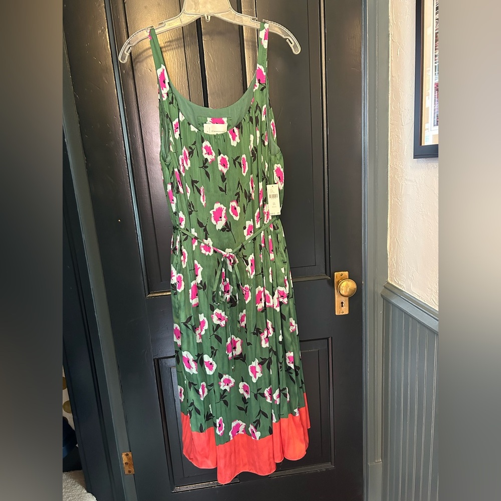 Anthropologie Green Floral Midi Dress with Pink Flowers and Coral Hem
